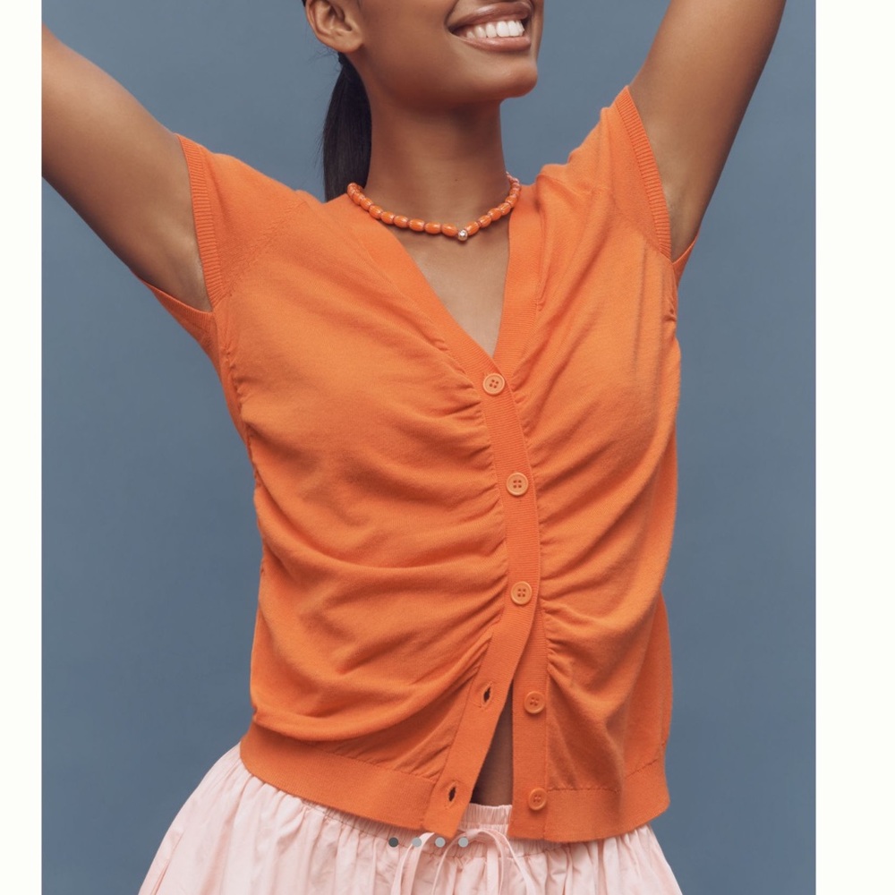 Anthropologie Cardigan Ruched Short-Sleeve V-Neck Sweater NEW Orange - Picture 4 of 12